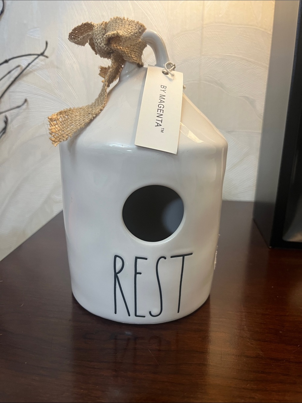 Magenta White Ceramic 'REST' House Accent with Burlap Tag